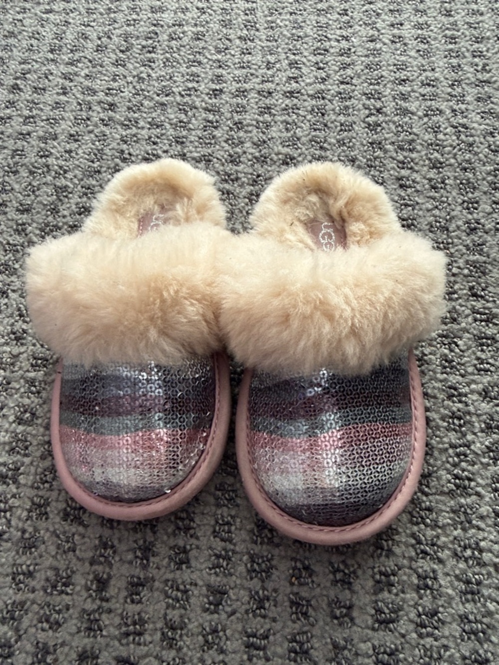 UGG Sequin Slip-On Slippers with Plush Fur Trim in Pink and Beige